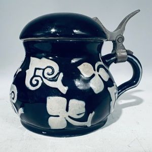 Cobalt Blue German Wekara Covered Mustard Pot #3492. Pewter Hinged Lid